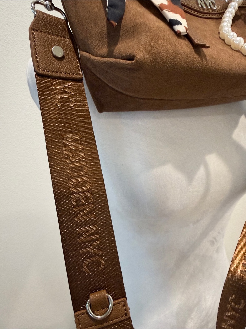 Madden NYC Slouchy Top Handle Satchel Cognac Color Faux Suede NWOT - Picture 7 of 16